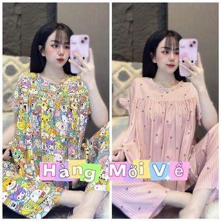  KA 152 - {Fom Áo Kiểu Rộng} Đồ Bộ Vải Tole Lanh Nữ 9 Tấc VNXK Áo Cổ Tròn Tay Ngắn Quần Lai Thường Nhiều Họa Tiết 