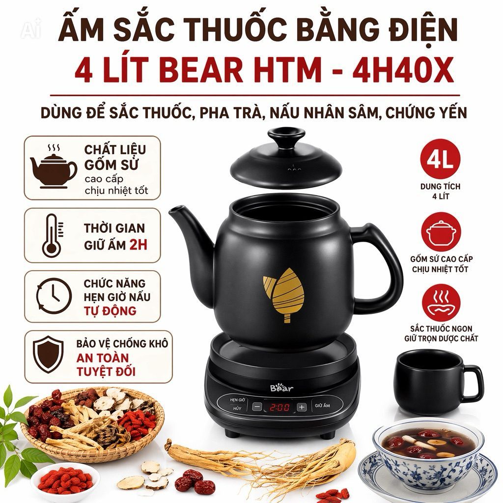 Ấm Sắc Thuốc Bằng Điện 4 Lít Bear HTM - 4H40X
