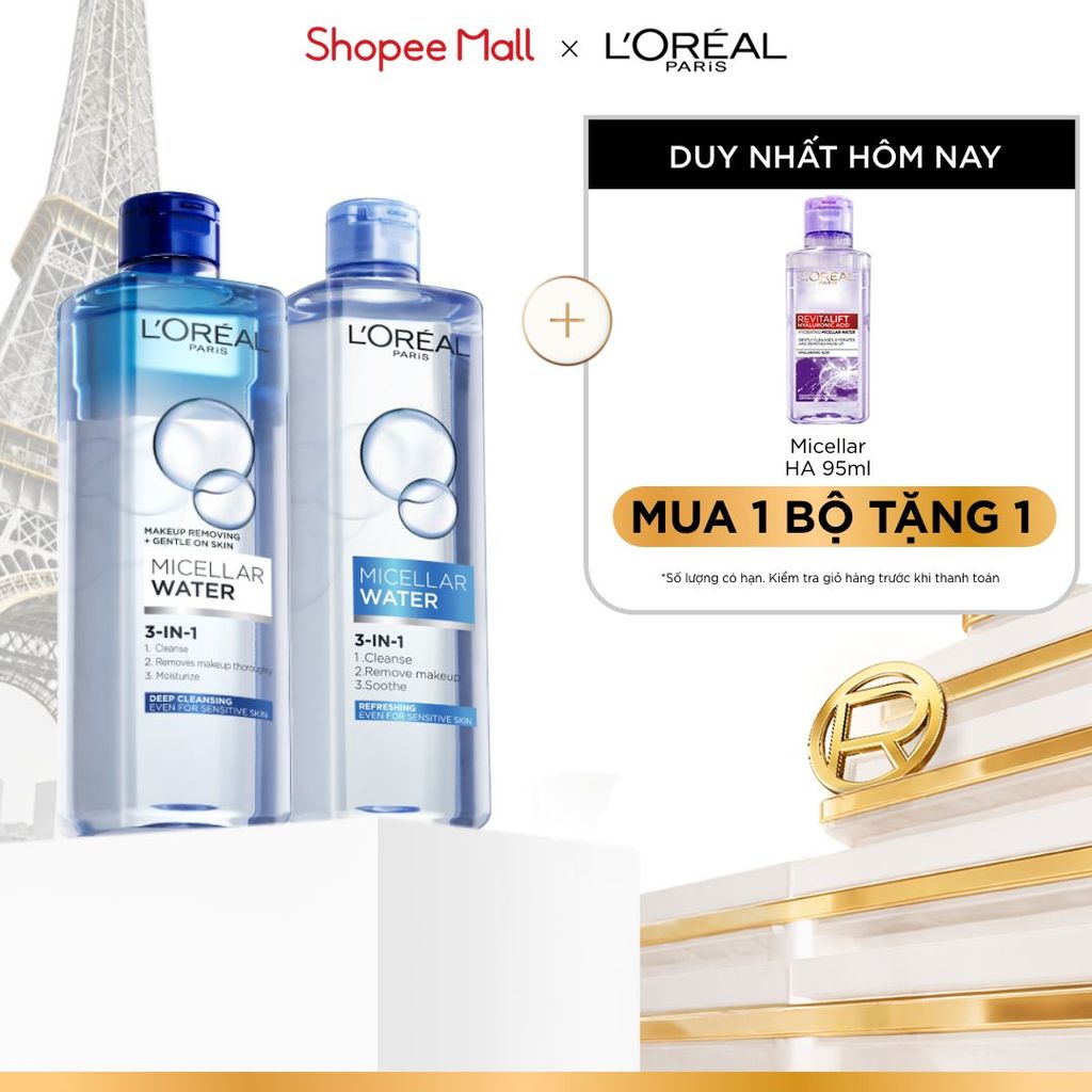 Bộ 2 nuớc tẩy trang đa năng 3in1 L'Oreal Paris Micellar Water 400ml x 2