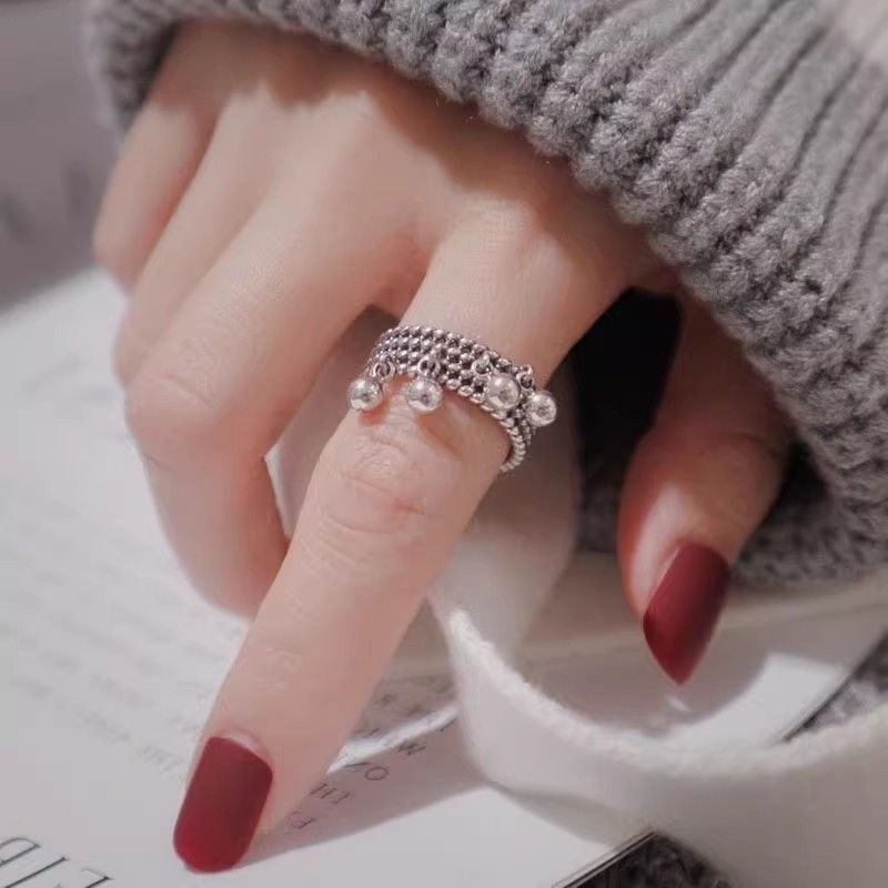 Ethnic pure silver women's multi-layered woven style with a new round bead design s925Vintage rings 