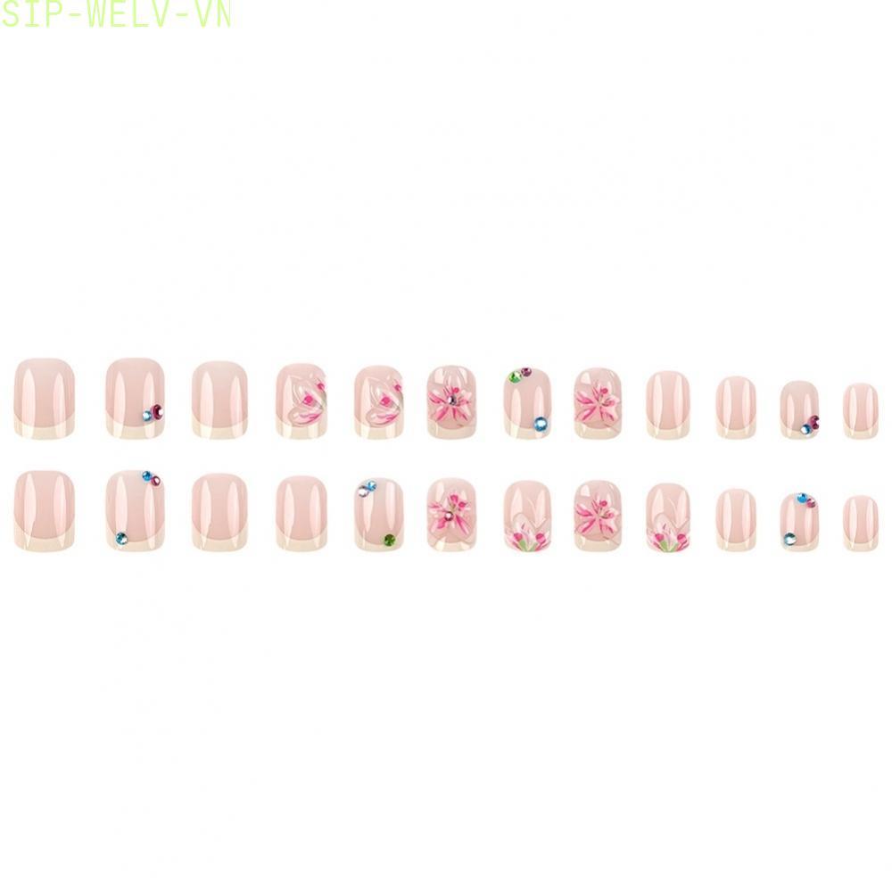 {WELV}3D Floral FOR french Press On Nails 24pcs Nude Pink Rhinestone Fake Nails