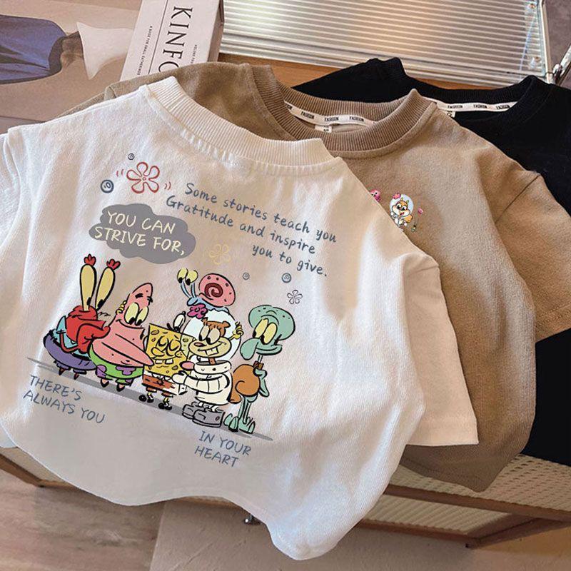 Áo Thun Trẻ Em SpongeBob Họa Tiết Hoạt Hình Form Rộng Streetwear Unisex Bé Trai Bé Gái Mặc Đi Học Đi Chơi