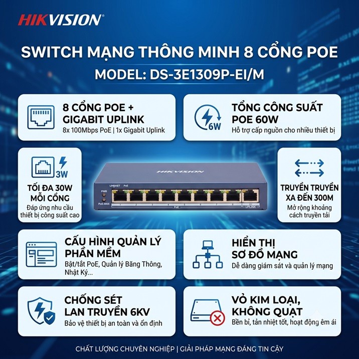 Switch Mạng Thông Minh 8 Cổng PoE Hikvision DS-3E1309P-EI/M + 1 Cổng Gigabit Uplink - Quản Lý Cloud,