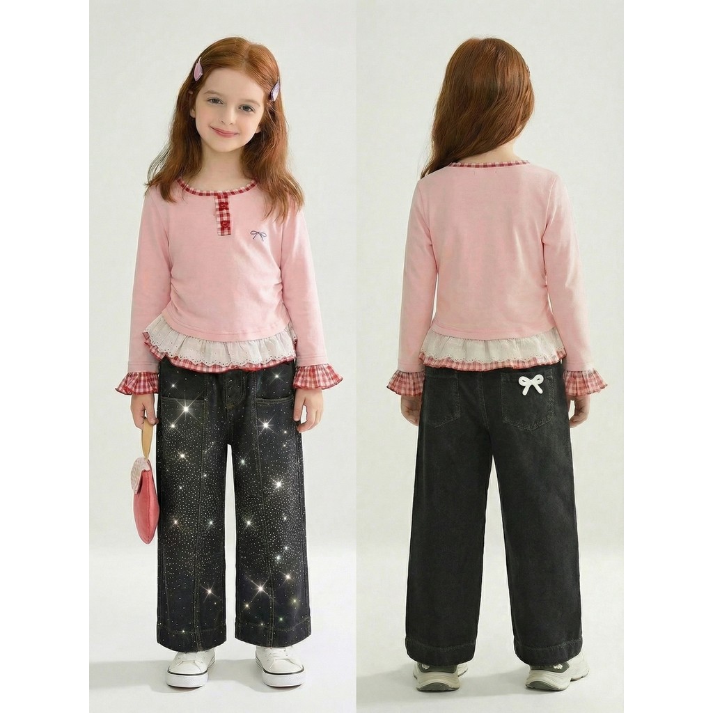 Quần jean Baggy pha lê màu đen Y2K Dạo phố Teen Girls Thu Đông