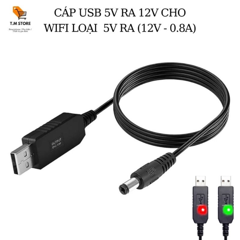 Cáp chuyển đổi điện áp 5V sang 12V - 1.5A (dùng cho moden Wifi 1.5A trở xuống - Cúp điện vẫn có Wifi