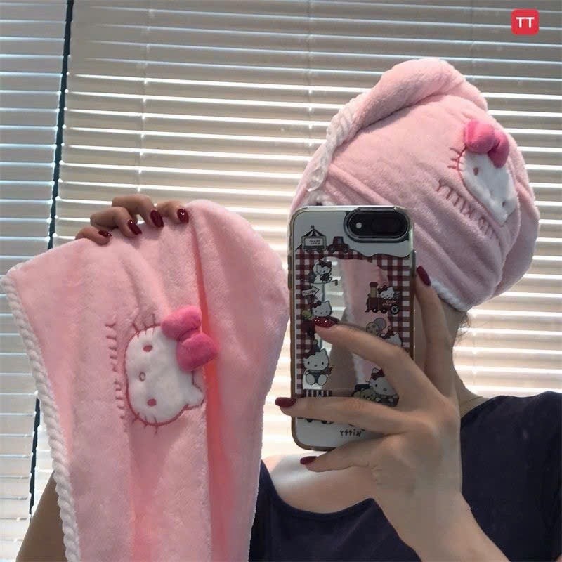 1Mũ quấn tóc hello kitty hồng Mũ Trùm Tóc Lau Khô Hello Kitty– Khăn Quấn Tóc Siêu Thấm Hút, Nhanh Kh