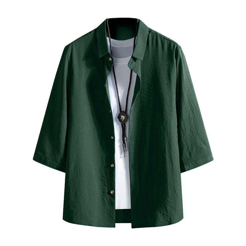 [Candy Kiosk] Men's Shirt 3/4 Sleeve Summer Casual Loose Solid Color Stylish Top Breathable Lightwei