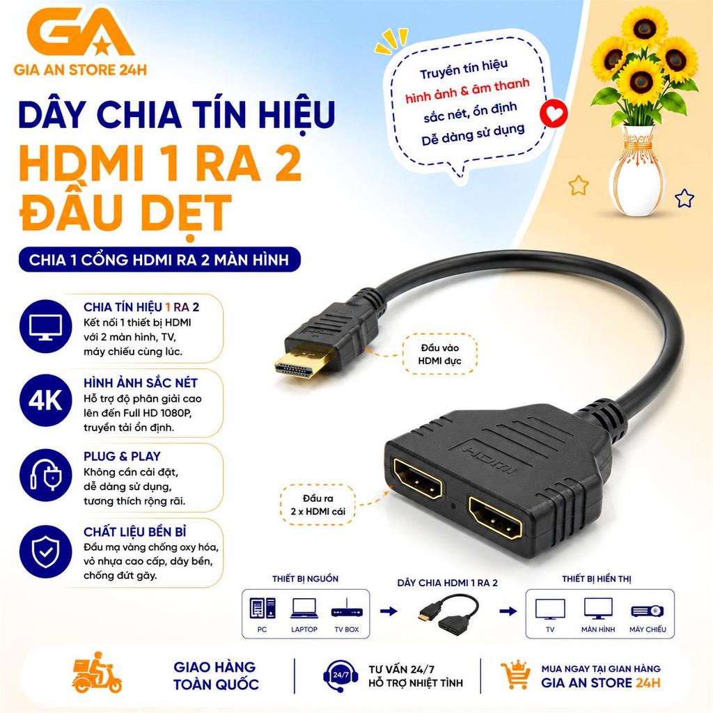 Dây chia tín hiệu HDMI 1 ra 2 đầu dẹt - Cáp chia HDMI 1 ra 2 - Chia HDMI 1 ra 2