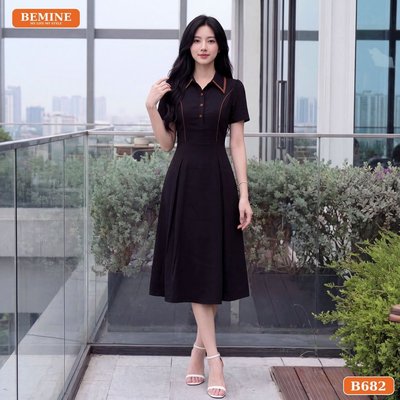 Đầm thiết kế BEMINE cổ sơ mi phối viền dáng chữ A phù hợp đi làm-B682