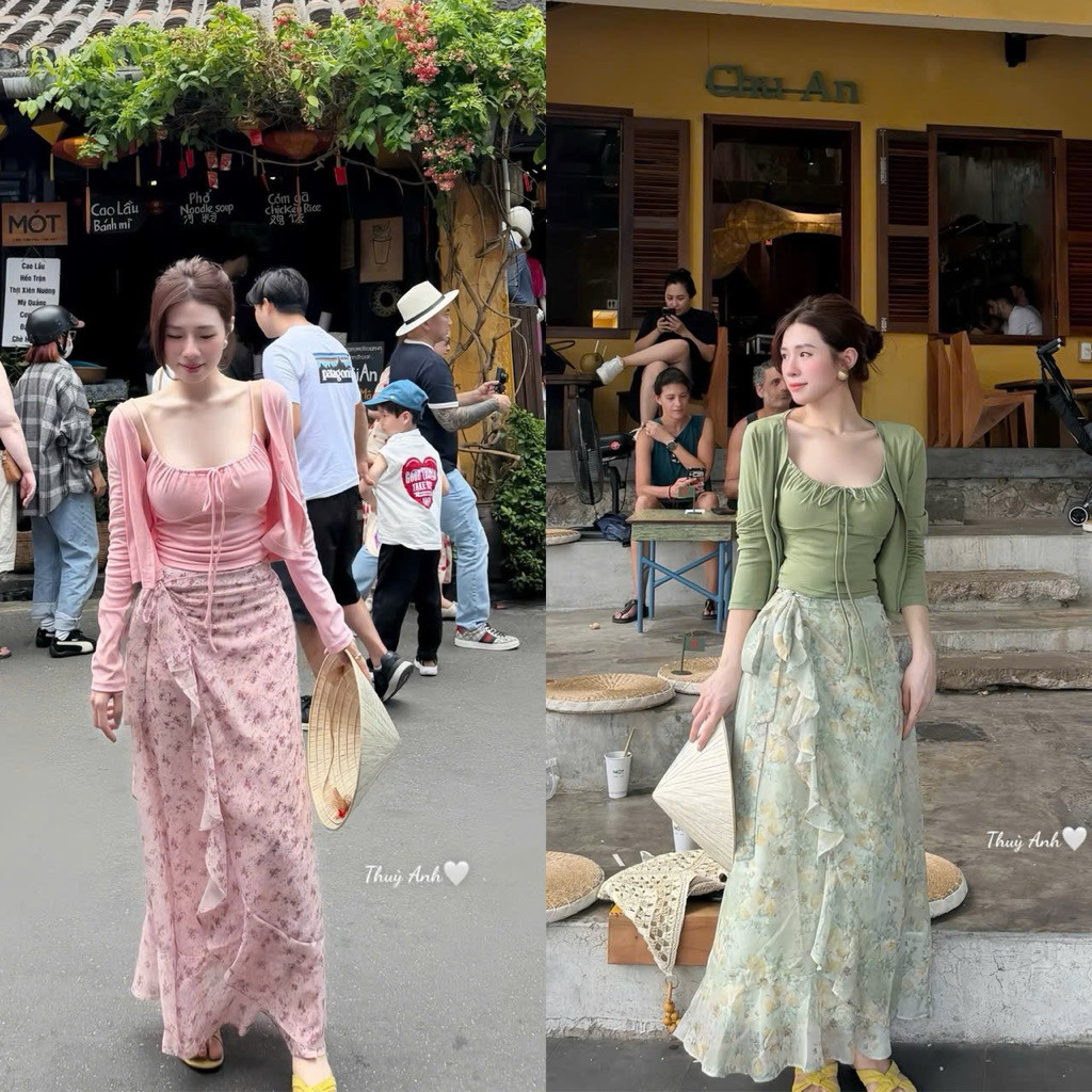 SÉT 3 MÓN , ÁO THUN 2 DÂY , ÁO KHOÁC , CHÂN  VOAN TƠ HOA MAXI BYJOLIE HK,TA