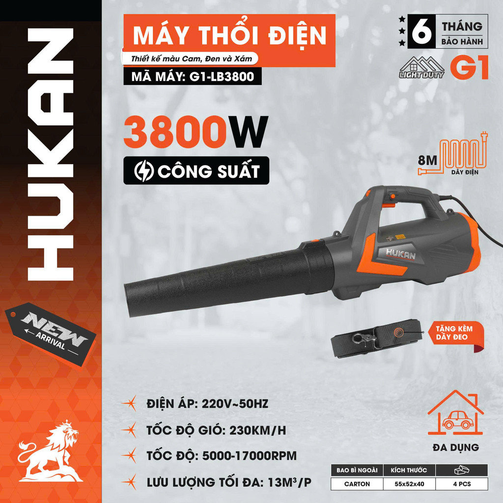 Máy thổi lá điện HUKAN G1-LB3800, Công suất 3800W, Dây điện dài 8m, 6 Tốc độ