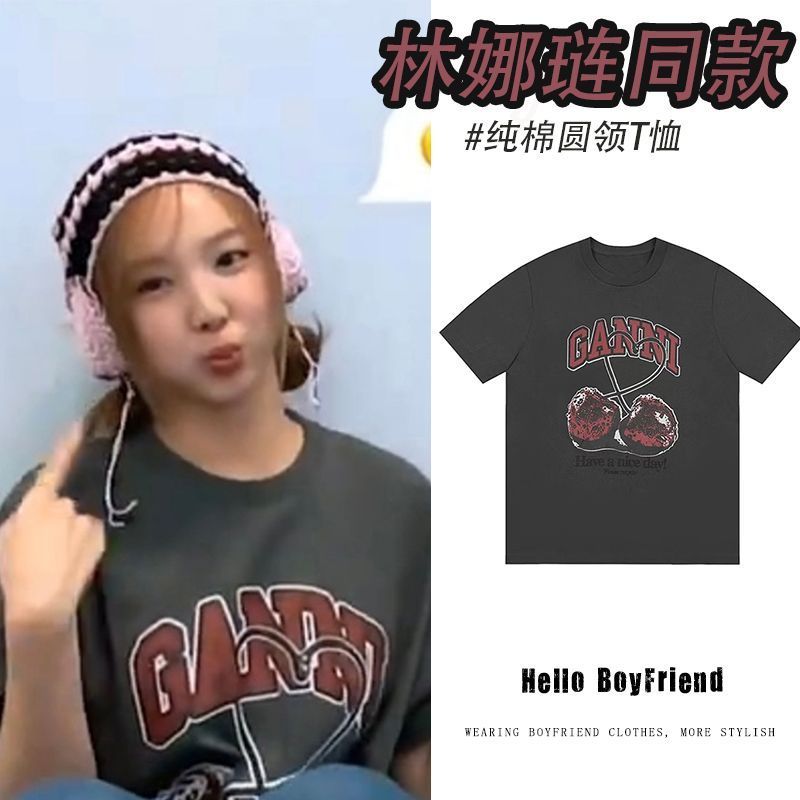 Lin Nayeon Cùng Phong Cách Quần Áo solo Trở Lại Cotton Nguyên Chất In Hình Mùa Hè Nam Nữ Hàn Quốc Cổ