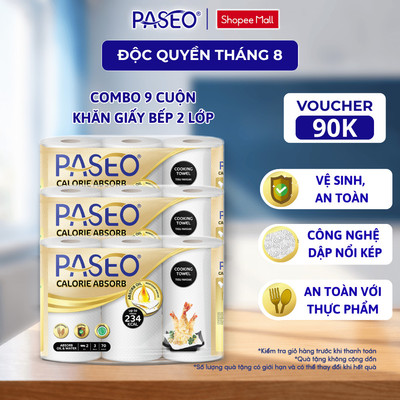 [Lốc 3 Cuộn] Giấy Bếp Đa Năng PASEO Thấm Dầu Hút Nước Nhanh An Toàn Cho Gia Đình - Calorie Absorb (2 Lớp)