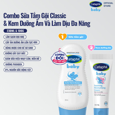 Combo 2 bước Sữa tắm gội dịu lành cho bé CETAPHIL BABY GENTLE 230ML & Kem dưỡng ẩm và làm dịu đa năng cho bé 100G
