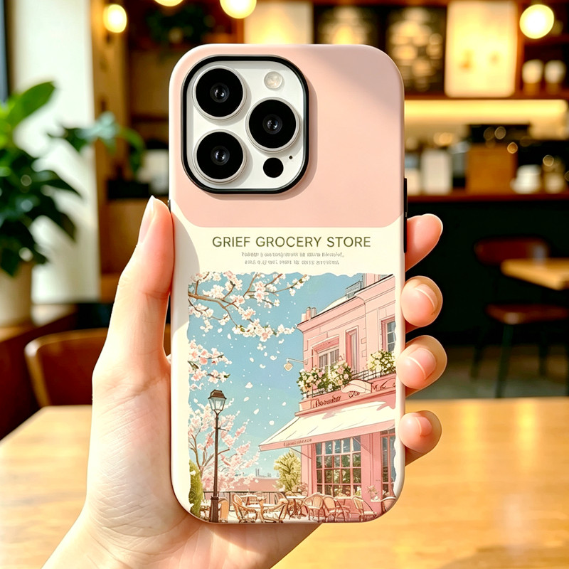 Paris Cafe Sakura Street View Ốp Điện Thoại Pastel Thẩm Mỹ Vintage City Art Vỏ Bảo Vệ Chống Sốc Cho 