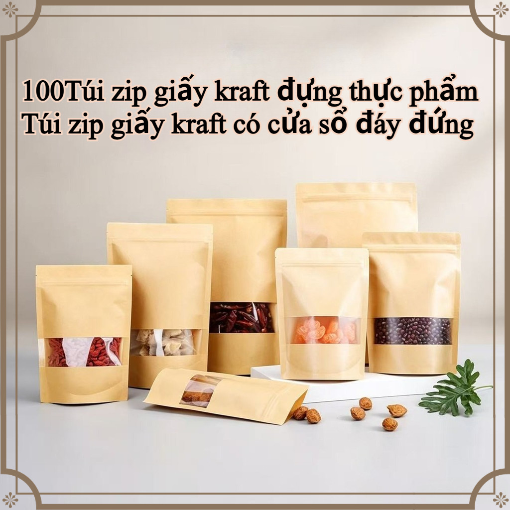 100Túi zip giấy kraft đựng thực phẩm Túi zip giấy kraft có cửa sổ đáy đứng