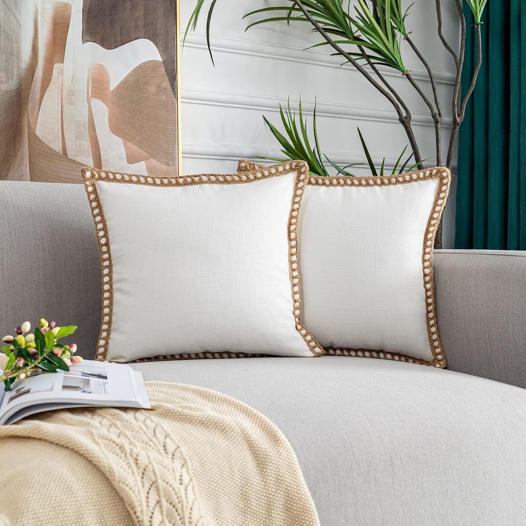 OFF WHITE Vỏ gối trang trí ngoài trời 18x18 Bộ 2 tấm vải lanh xếp nếp được cắt tỉa cạnh trang trại V