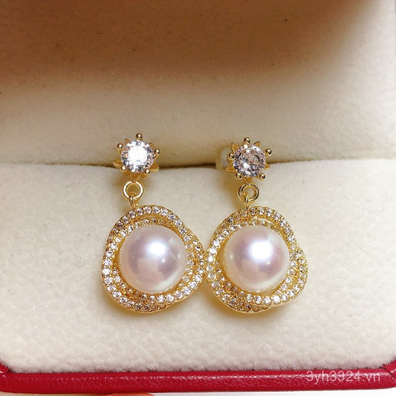 Live HomeK Vàng Thủ Công Bông Tai Ngọc Trai Nước Ngọt Nữ Cao Cấp Zircon Sang Trọng Bông Tai 18K Cổ Đ