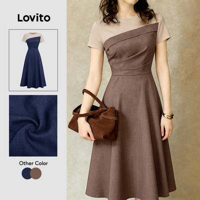Đầm nữ Lovito nâu xuân hè xếp ly ghép nối màu sắc thanh lịch L189AD119