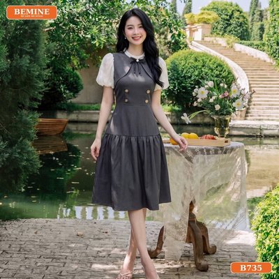 Đầm thiết kế BEMINE cổ trụ phối viền bèo dáng chữ A phù hợp đi làm-B735
