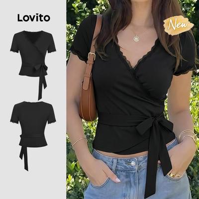 (New Arrival) Lovito Áo thun nữ mùa xuân hè cổ bèo renup phong cách đa năng màu đen TSB200TD292