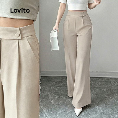 Quần Lovito thanh lịch có nút bất đối xứng mùa xuân/hè màu kaki nhạt cho nữ LR38E020