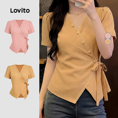 (New Arrival) Lovito Áo sơ mi nữ màu vàng xuân hè kiểu dáng thường ngày nút cài phía trước xẻ tà LK7ED453