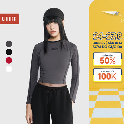 Áo thun nữ dài tay CANIFA cổ tròn phối line form vừa 6TL25W013