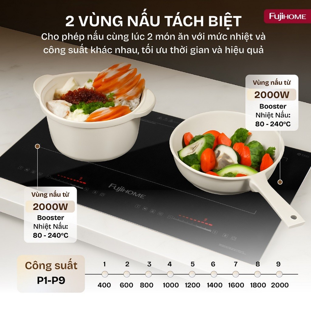☀ Bếp từ đôi cảm ứng Fujihome IC2622 công suất 4000W, bếp điện từ âm 2 vùng nấu cảm ứng vuốt trượt 9