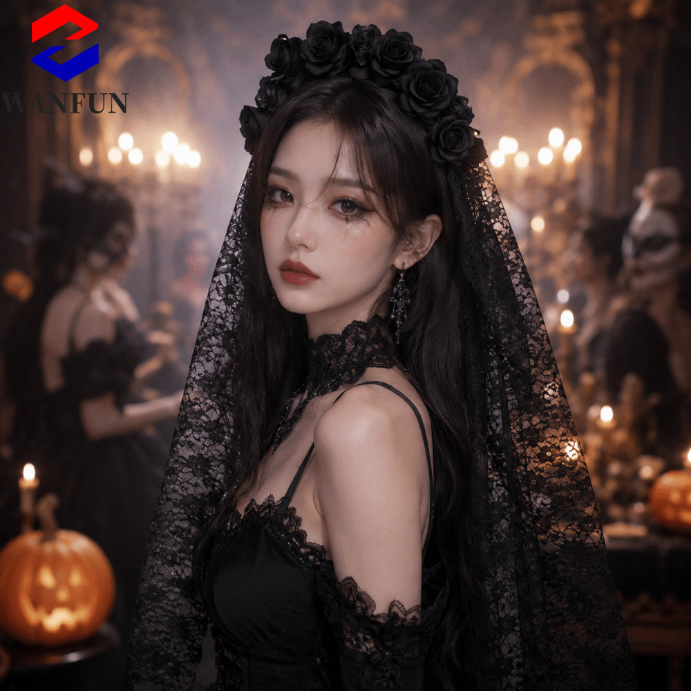 RADIANTEDGE Ma Cô Dâu Băng Đô, Ren Lưới Đầu Lâu Họa Tiết Lưới Đầu Lâu Băng Đô Quấn Tóc, Mũ Cosplay G