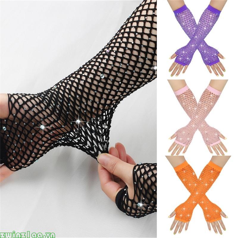 Zwinz1aa Blingbling Fishnet Găng Tay Fishnet Găng Tay Dự Tiệc Phụ Kiện Rỗng Fishnet Găng Tay Cho Buổ