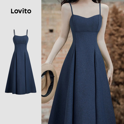 Đầm Lovito thanh lịch dây vai có thể điều chỉnh màu xanh dương phong cách mùa xuân/hè cho nữ L142ED599