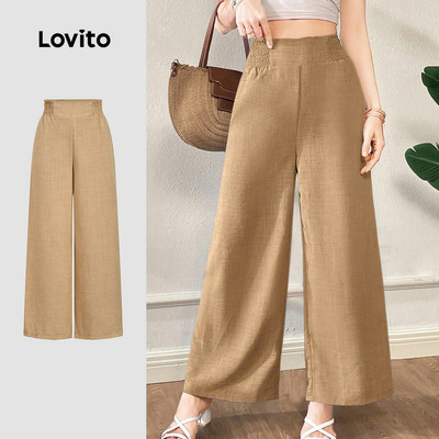 Quần Lovito phong cách thường ngày cổ điển nhún thun xếp nếp mùa xuân/hè màu kaki cho nữ L164ED335