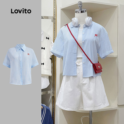 Áo sơ mi Lovito họa tiết sọc thêu nơ có nút phong cách thường ngày mùa hè/xuân cho nữ L130AD020
