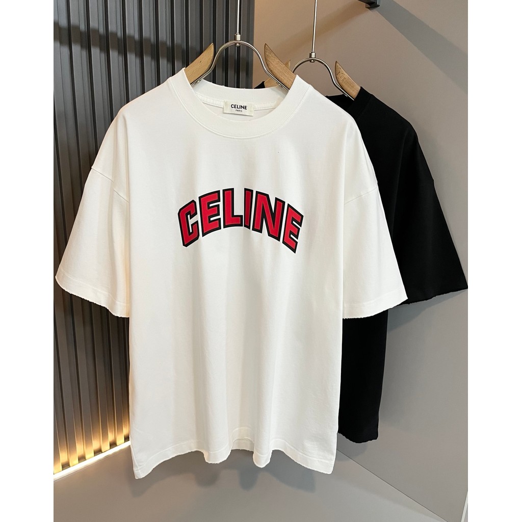 Celine Celine Phiên Bản Counter Áo Thun Tay Ngắn Phong Cách Cặp Đôi Cổ Tròn Bên Trong Kích Thước Lớn
