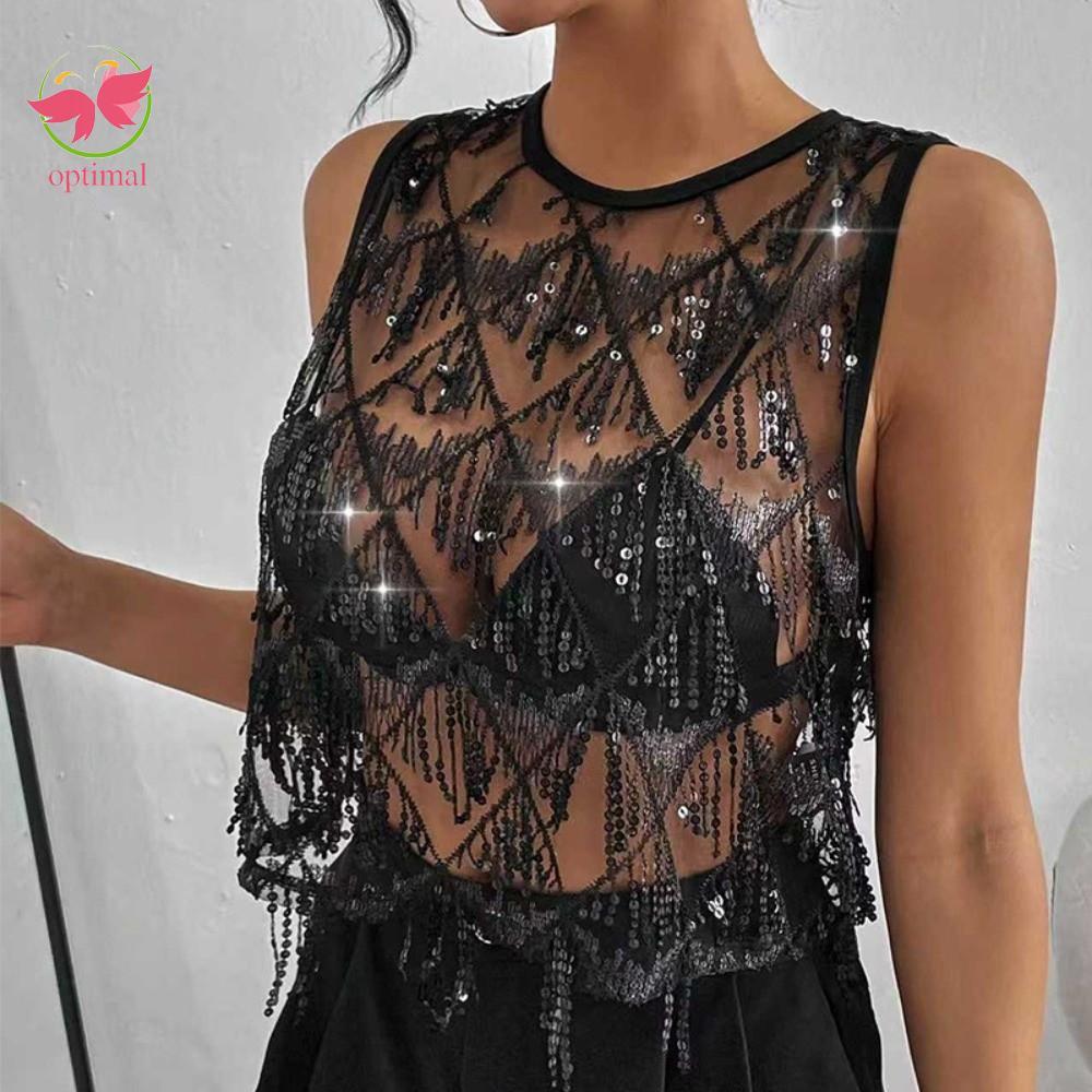 OPTIMAL LIMIT Crop Top, Loose Fit Fringe Sequin Áo Vest, Thời Trang Thêu Không Tay Lưới Sheer Camiso