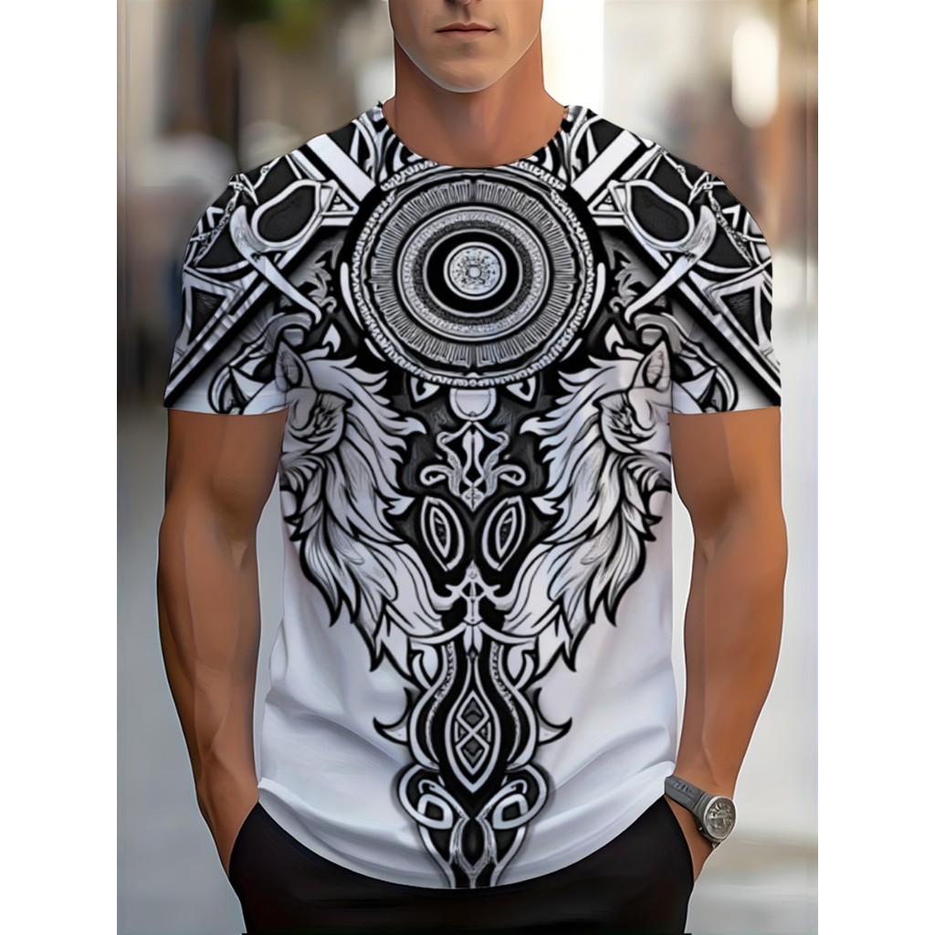 Áo thun nam Celtic Wolf, có họa tiết Mandala và bộ lạc-Áo thun cổ tròn mềm mại, thích hợp cho mọi mù
