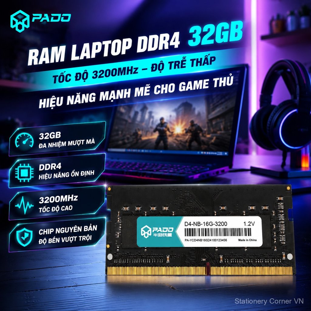 RAM laptop 32GB DDR4 3200MHz, hạt chính hãng, hiệu năng cao, tương thích tốt, bền đẹp, bán chạy