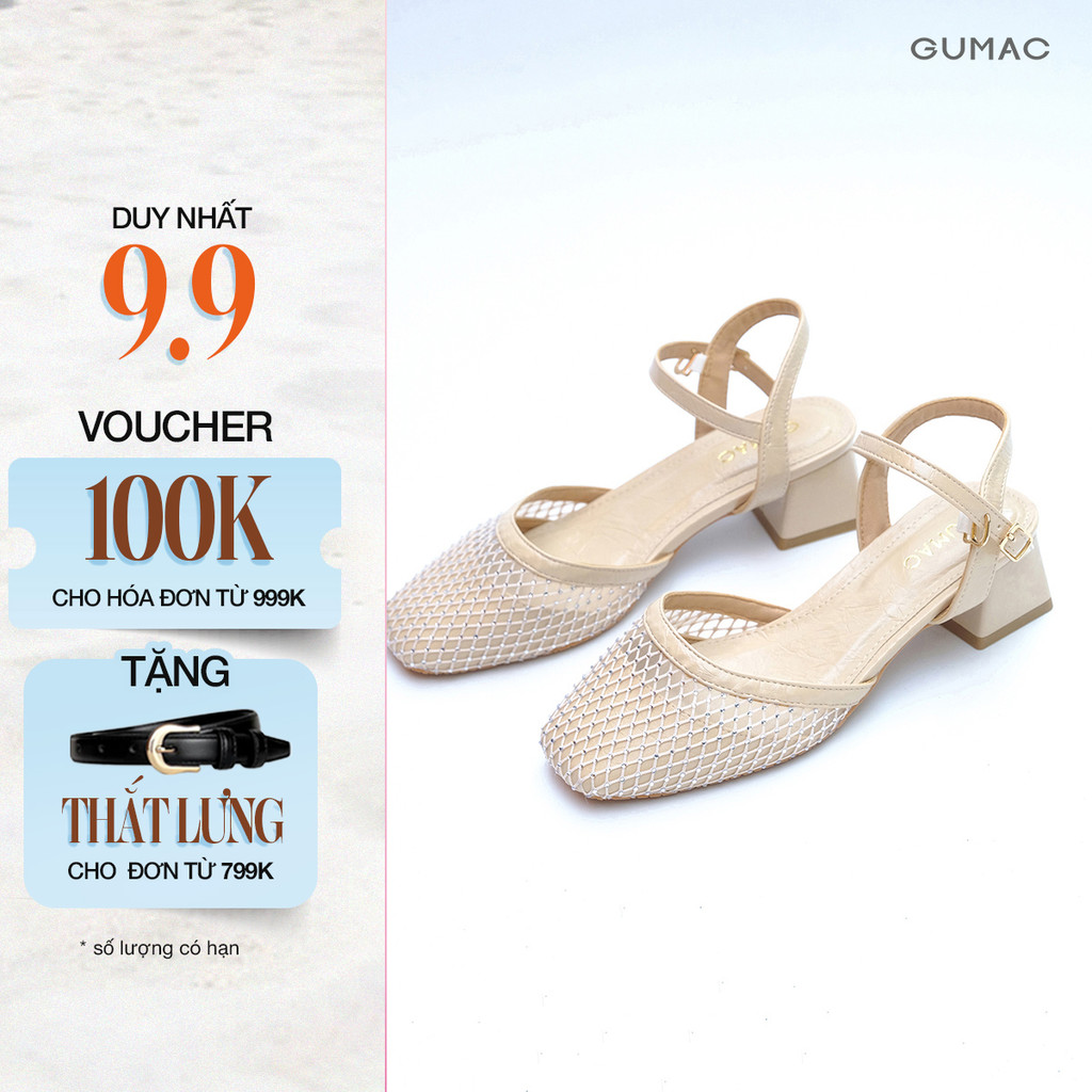 Giày Cao Gót Nữ GUMAC Quai Hậu Phối Lưới Gót Vuông Thanh Lịch Thời Trang GG04099