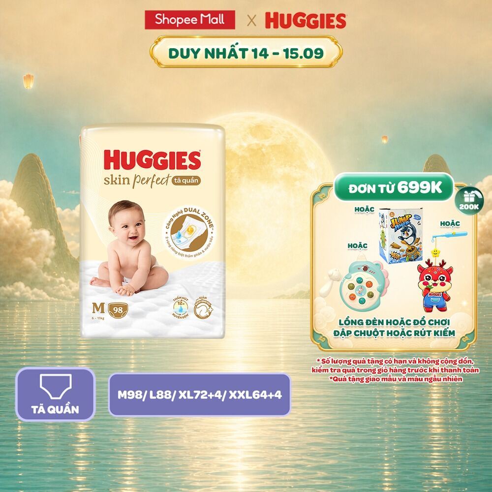 Tã quần Huggies Skin Perfect Mega Jumbo cỡ M/L/XL/XXL với 2 vùng thấm giảm kích ứng da