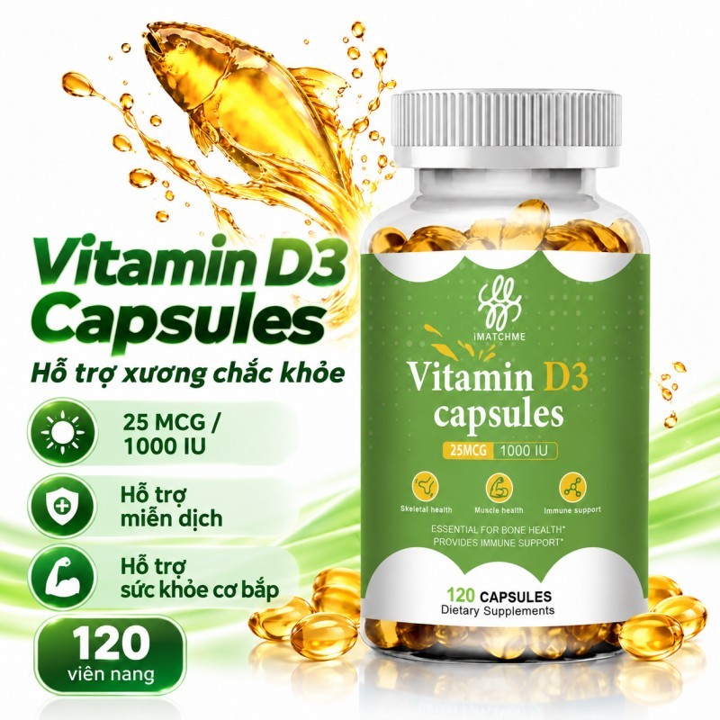 iMATCHME Vitamin D3 25mcg 120 Viên – Hỗ Trợ Hấp Thu Canxi, Xương Chắc Khỏe & Cơ Bắp Cho Người Lớn