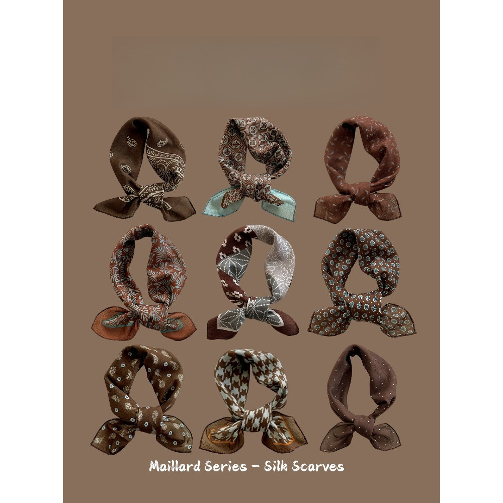 Khăn trùm đầu nâu lụa phong cách retro cho nữ