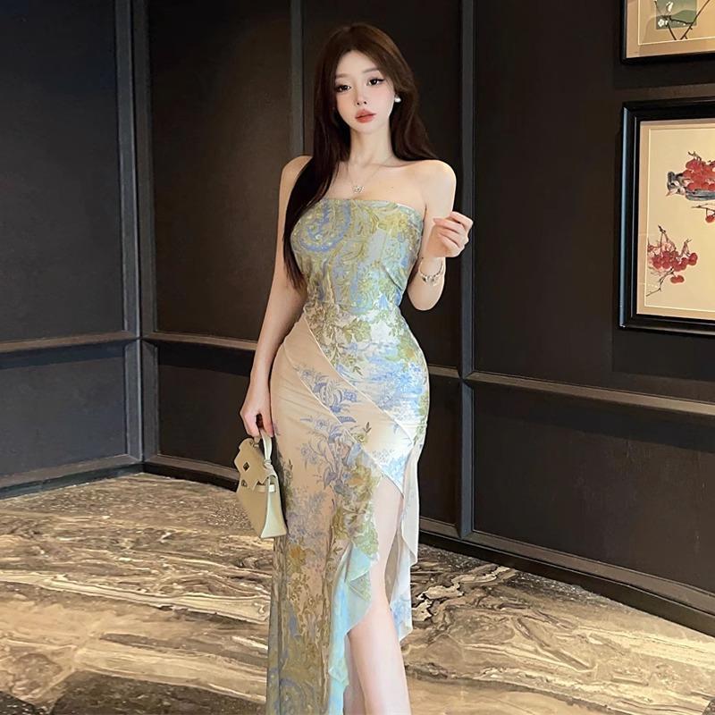 Đầm xanh lá hoa nhí trễ vai body tiệc nữ sang chảnh đuôi cá dài đầm biển xinh thiết kế mùa hè