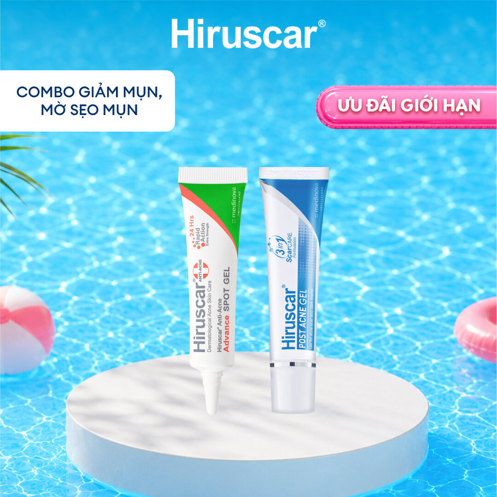 Bộ Gel giảm mụn nhanh 24h và Gel làm mờ sẹo mụn, thâm mụn Hiruscar Post Acne 10g