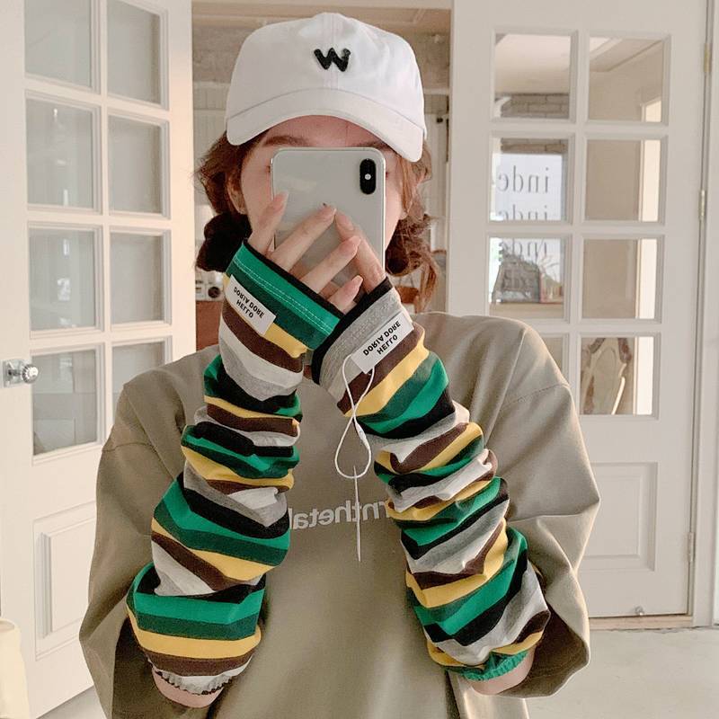 Sunscreen Striped Oversleeve Cotton Breathable and Loose Long Gloves Driving and Biking Outdoor Suns