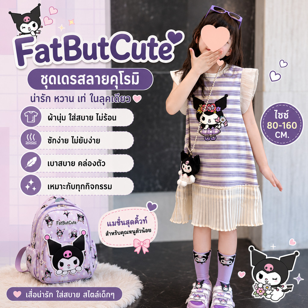 [12-150] Váy trẻ em họa tiết Kuromi có viền xếp li dễ thương của FatButCute W341