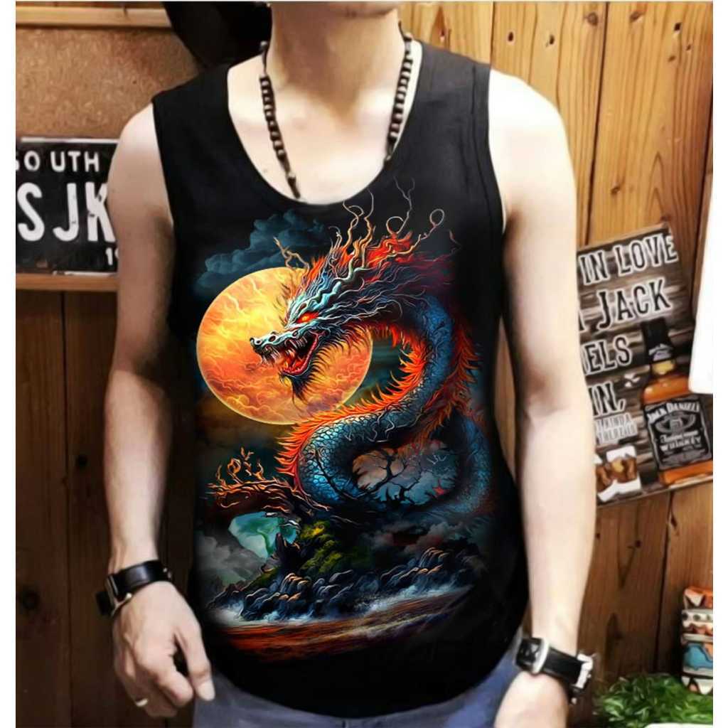 Singlet màu đen thông thường dành cho nam với hình mặt trăng rồng Singlet Lelaki Baju Dalam Lelaki