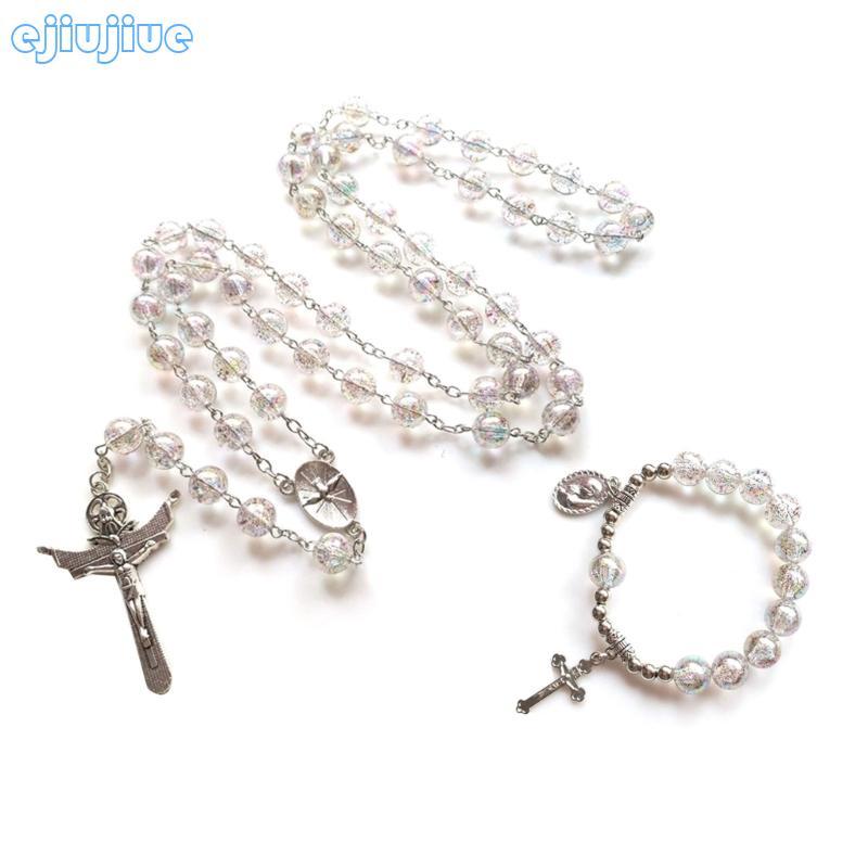 Catholic Rosary Necklace Pendants Bracelets Religious Acrylic Beads Chain