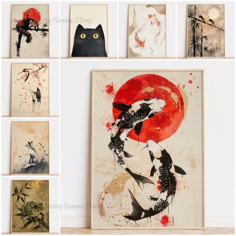 SLL8 Japandi Animal Neutral Wall Art, Cam & Trắng Nhật Bản Cá Koi In Hình Trừu Tượng Vàng Accent Pos