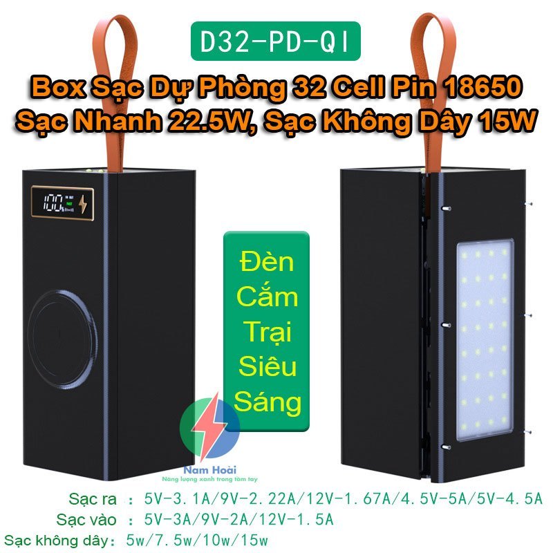 Box Sạc Dự Phòng 32 Cell Pin 18650 Sạc Nhanh 22.5W, Sạc Không Dây 15W, Đèn Led Siêu Sáng(Không gồm p